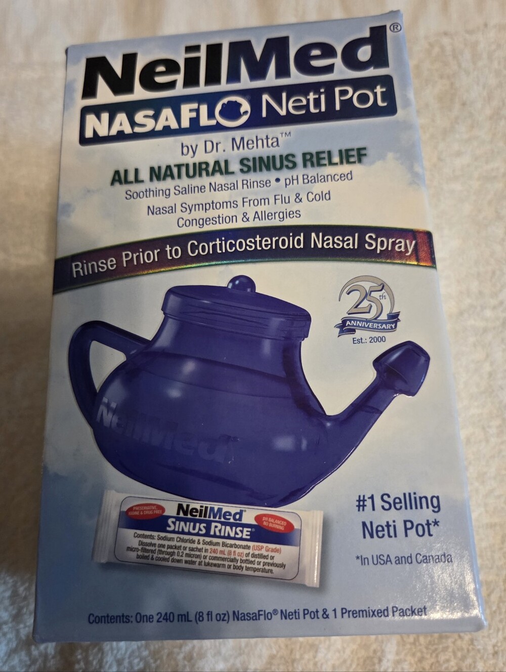 NasaFlo Neti Pot Sinus Rinse All Natural. 8 Fl Oz. Sealed And In Date